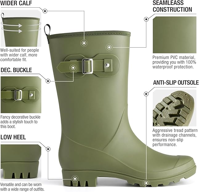 Women's Waterproof Rain Boots Wide Mid Calf Comfortable Rubber Shoes -  BigGreenBear.com clothing 49.99 USD Big Green Bear
