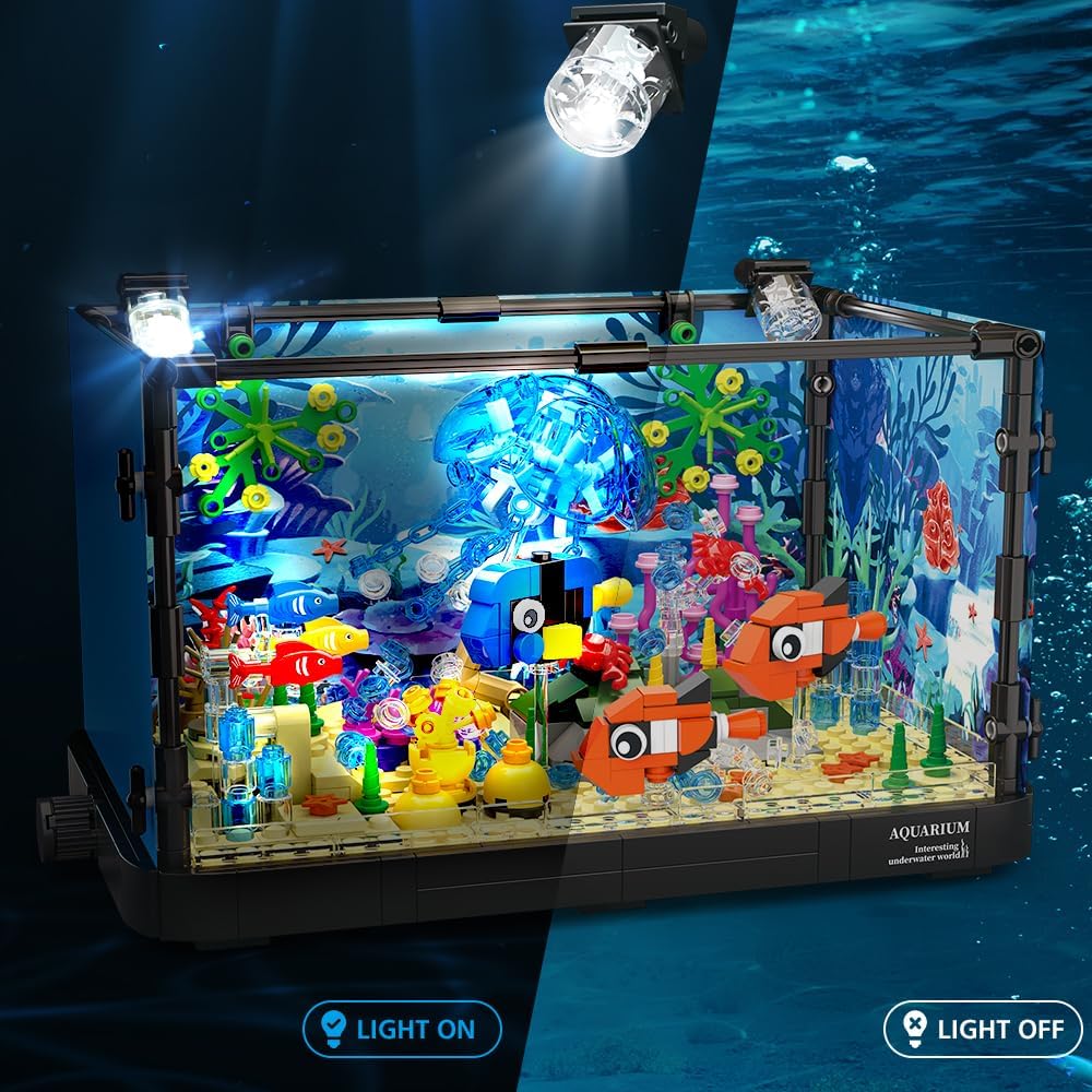 Fish Tank Building Set with LED Light - Movable Aquarium Building Toys for Adults Kids | 725PCS -  BigGreenBear.com Building Toys 59.99 USD Big Green Bear