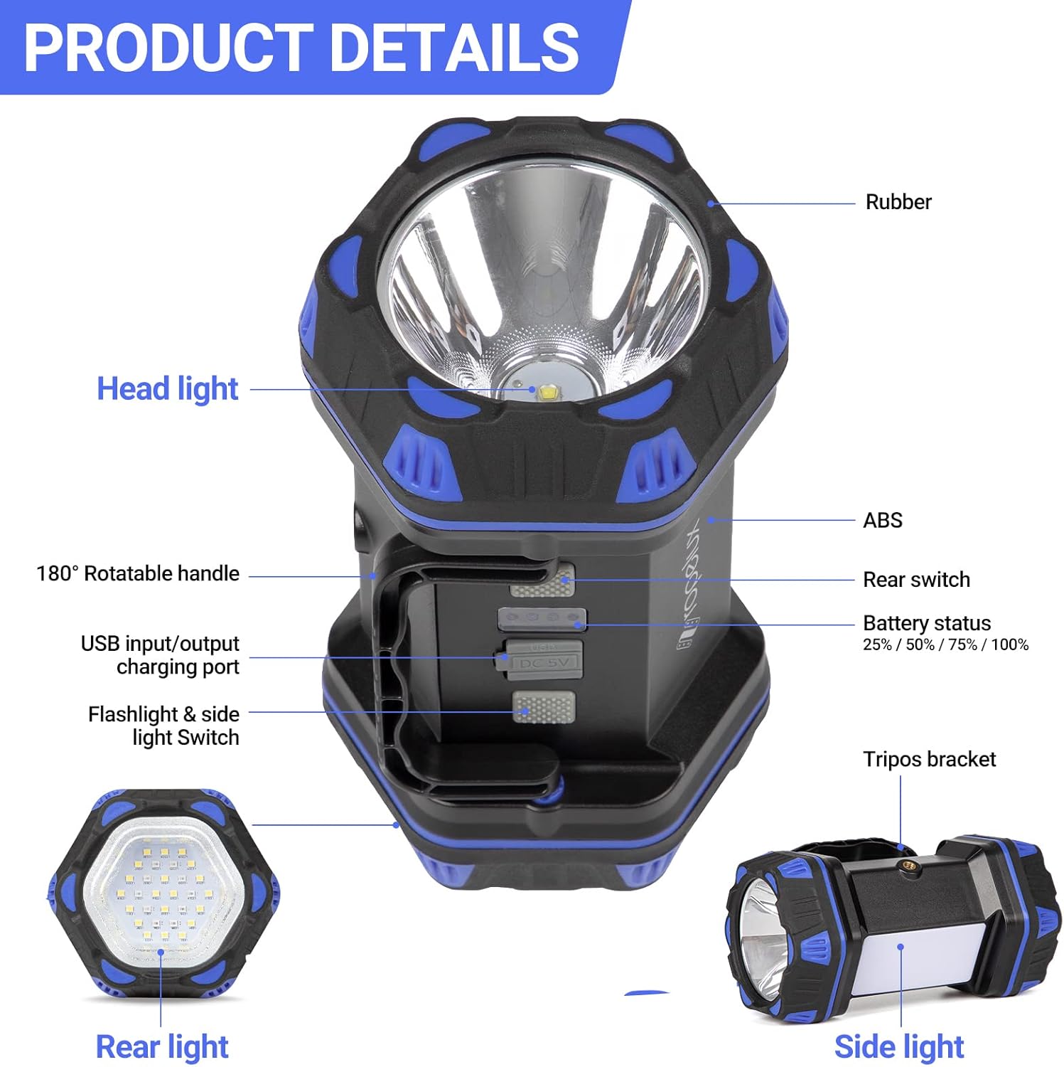 Black and blue flashlight with labeled parts on a white background
