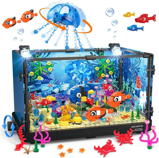 Fish Tank Building Set with LED Light - Movable Aquarium Building Toys for Adults Kids | 725PCS -  BigGreenBear.com Building Toys 59.99 USD Big Green Bear