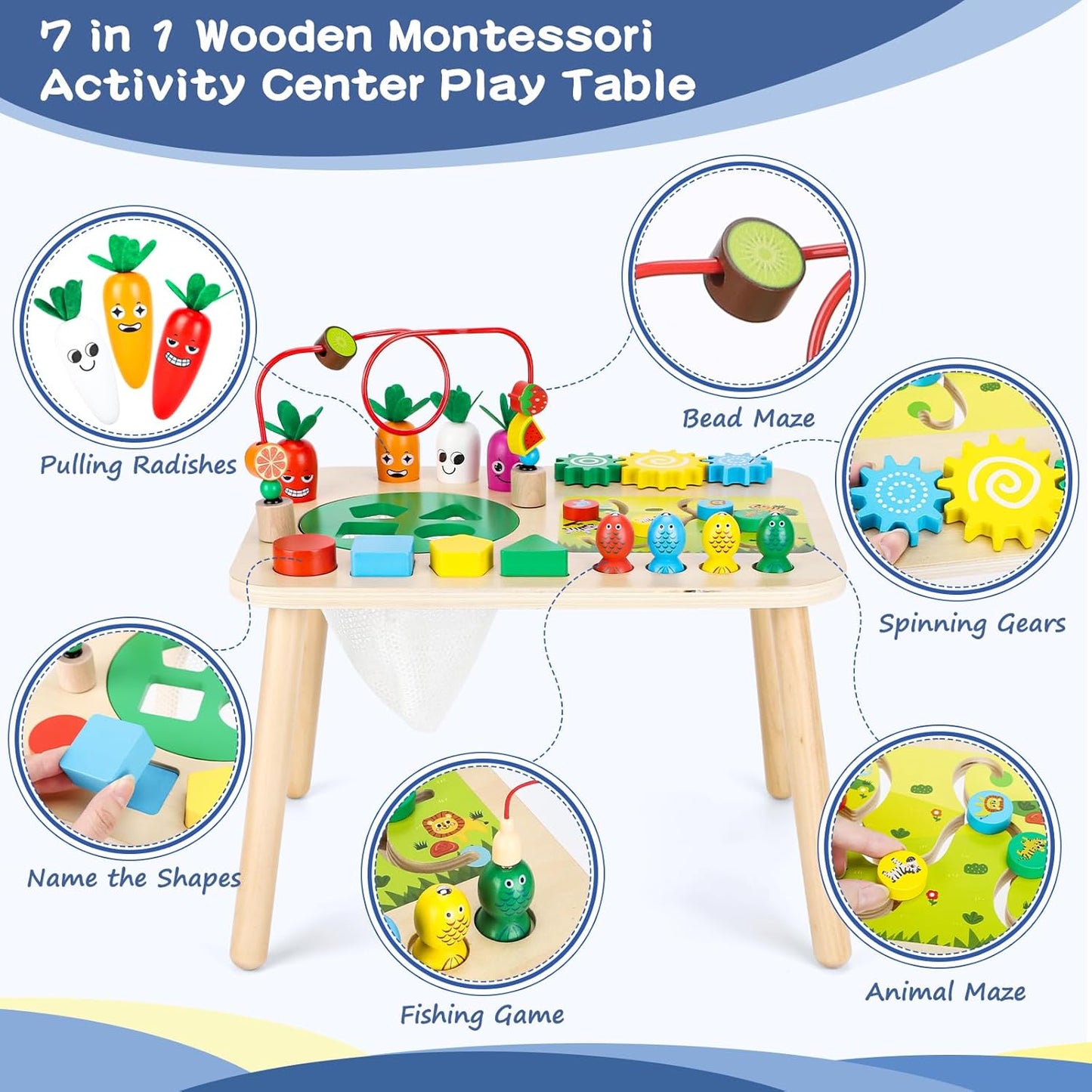 Activity Table for 1+ Year Old Girls Boys, 7-in-1 Wooden Montessori Toys -  BigGreenBear.com BABY TOYS 39.99 USD Big Green Bear