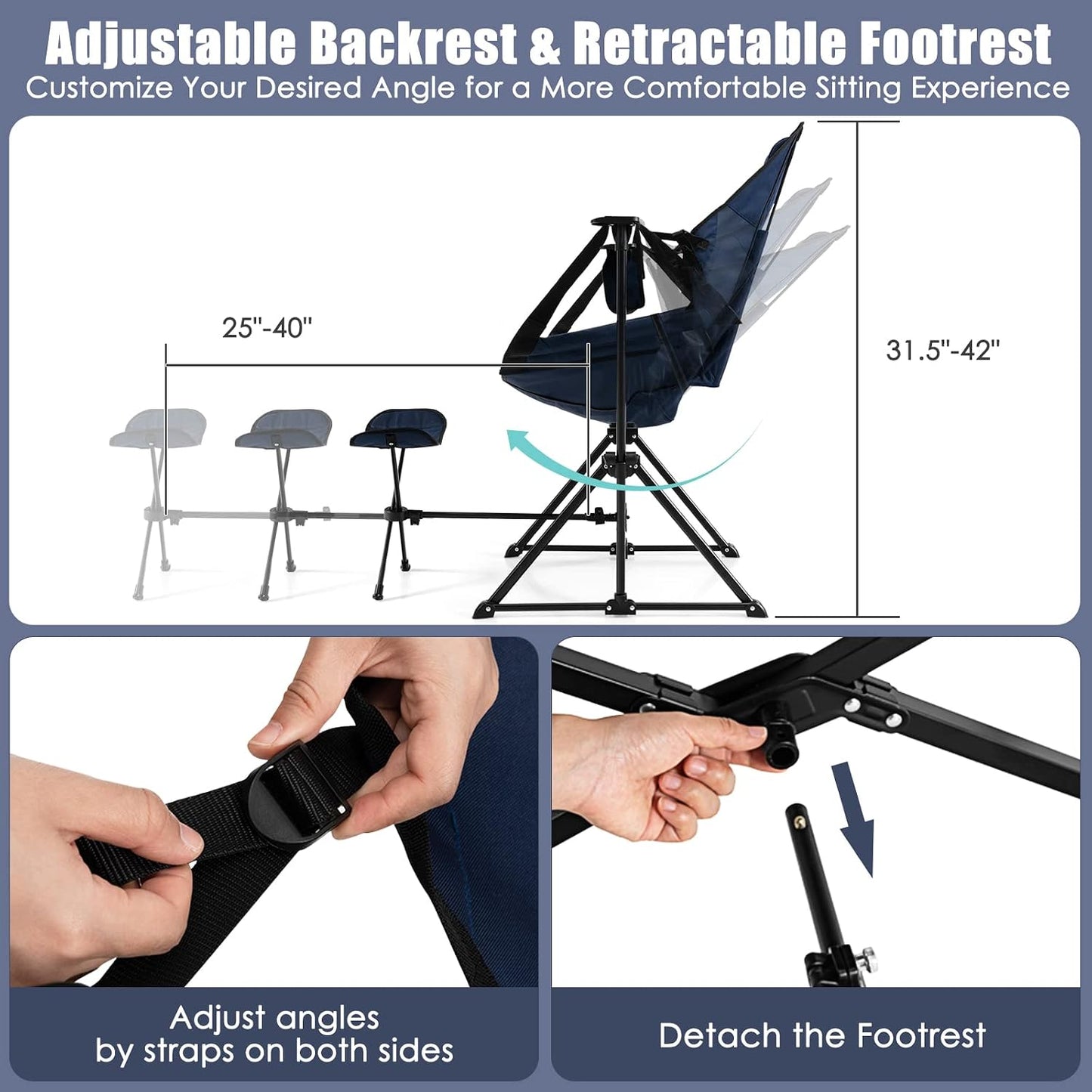 Adjustable backrest and retractable footrest for a chair with measurements and usage instructions.