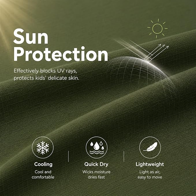 Green fabric close-up with text reading 'Sun Protection' and icons highlighting cooling, quick dry, and lightweight benefits.