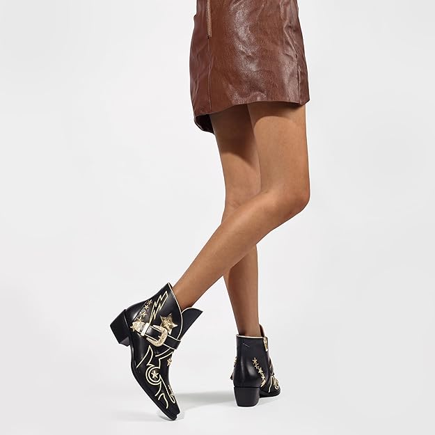 Women’s Western Ankle Boots Star Embroidered Cowgirl Boots Black -  BigGreenBear.com clothing 64.00 USD Big Green Bear