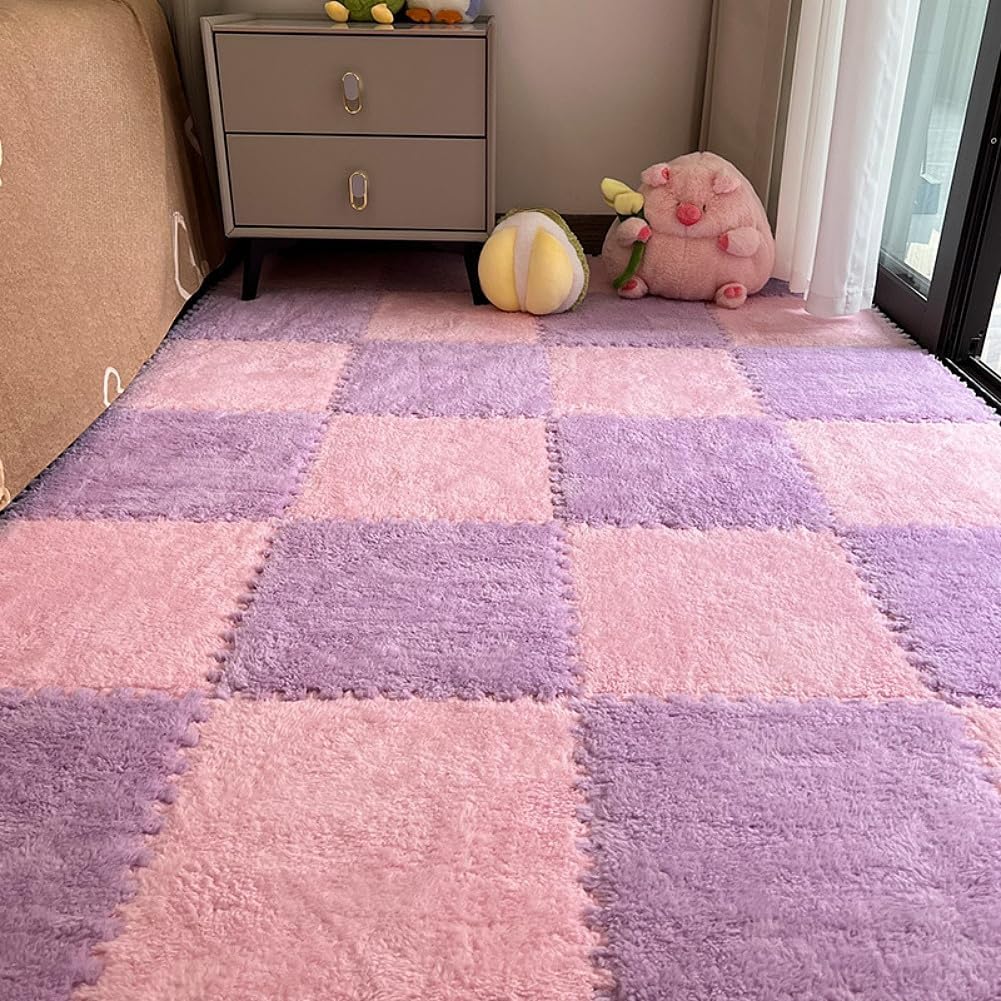 12pcs Carpet Squares Puzzle Floor Mat, Plush Interlocking Pink + Purple