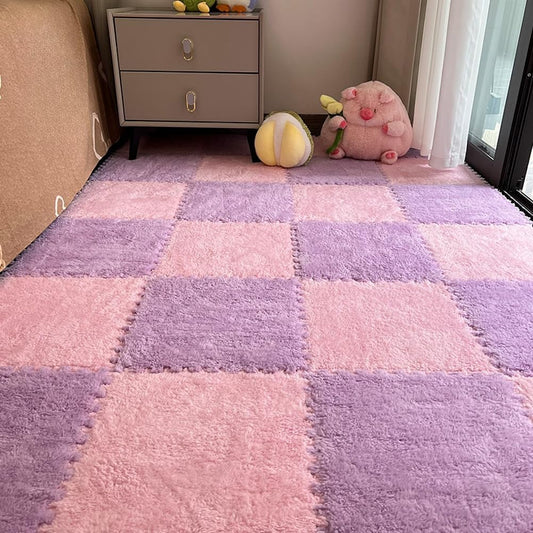 12pcs Carpet Squares Puzzle Floor Mat, Plush Interlocking Pink + Purple