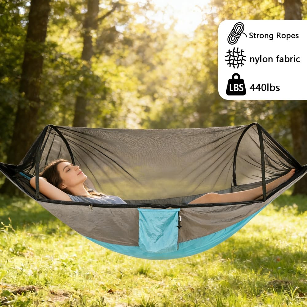 Person relaxing in a hammock with a canopy in a forest setting, featuring Strong Ropes branding.
