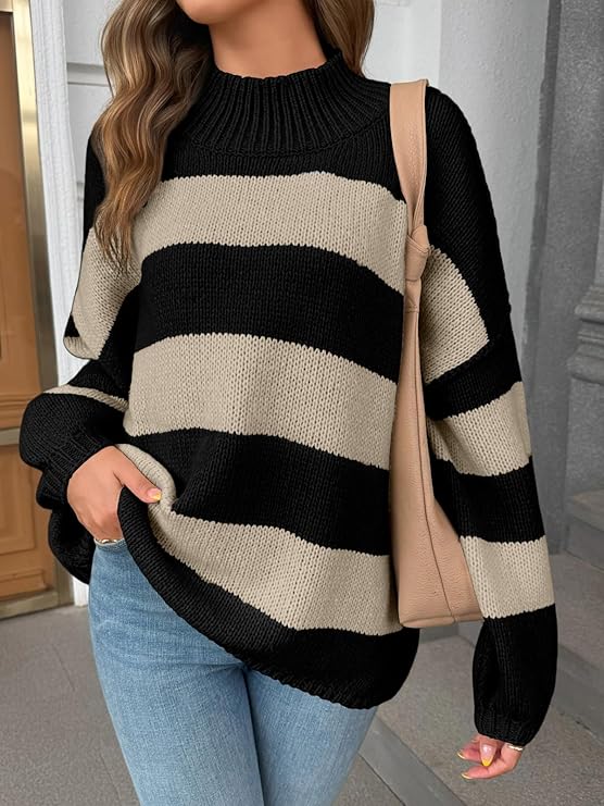 Women's Oversized Striped Sweater Mock Neck Chunky Knit Long Sleeve -  BigGreenBear.com clothing 39.99 USD Big Green Bear