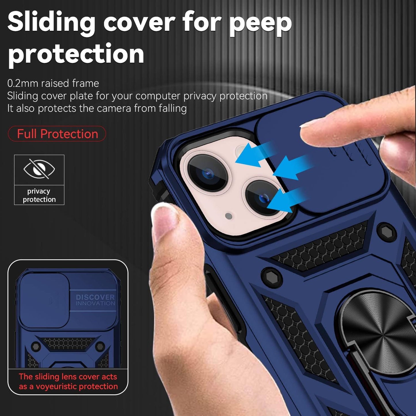 iPhone 13 Case with Screen Protector, Dual Layer Drop Protection, Magnetic Ring Holder - Navy Blue