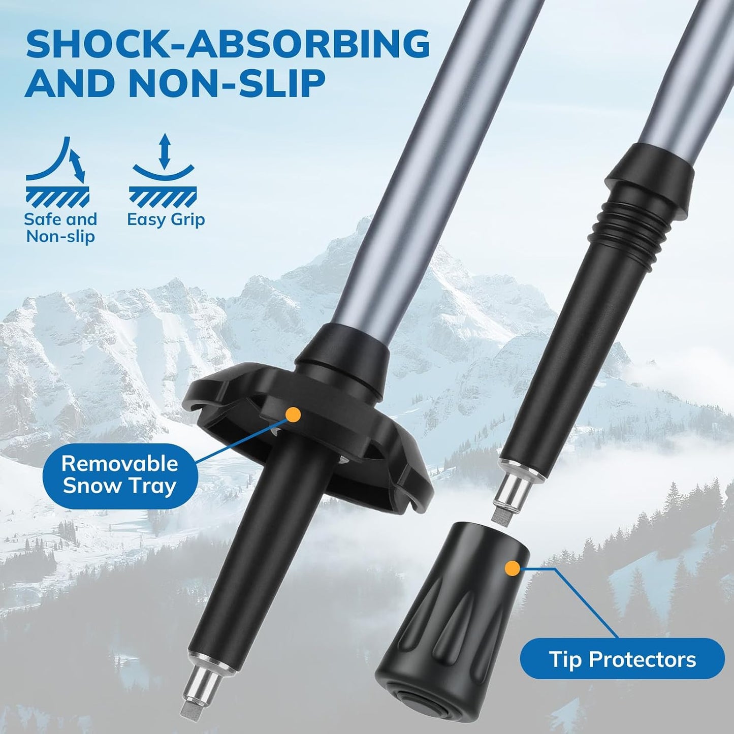 Close-up of a pair of ski or snowboard poles with black snow tray caps and tip protectors, shown against a snowy mountain background with marketing text and callout labels.