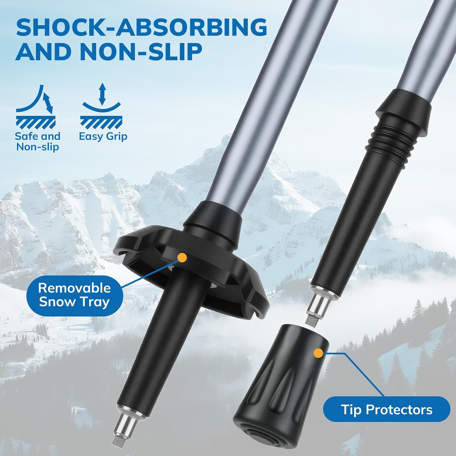 Close-up of a pair of ski or snowboard poles with black snow tray caps and tip protectors, shown against a snowy mountain background with marketing text and callout labels.