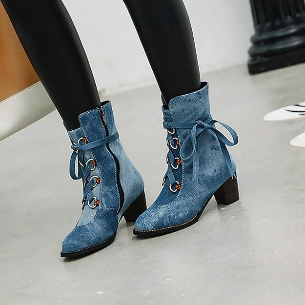 NEW! Women's Denim Lace up Mid-Calf Booties Retro Chunky Heel Side Zipper -  BigGreenBear.com boots 59.99 USD Big Green Bear