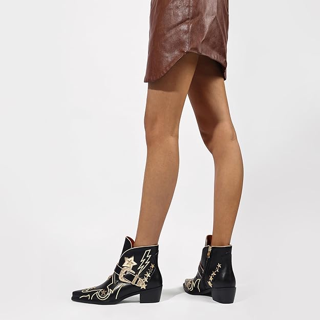 Women’s Western Ankle Boots Star Embroidered Cowgirl Boots Black -  BigGreenBear.com clothing 64.00 USD Big Green Bear