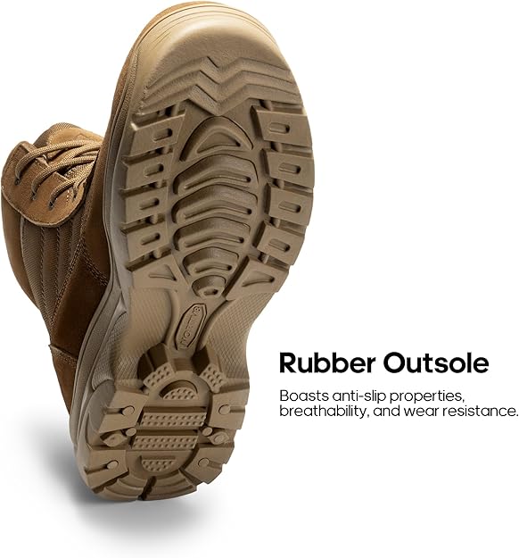 Oil and slip-resistant rubber outsole on coyote combat boots for traction
