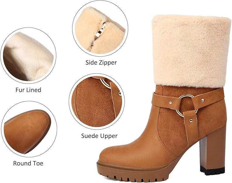 Women's Ankle Boots Platform Boots Side Zip Chunky Heel Booties with Fur -  BigGreenBear.com shoes 49.99 USD Big Green Bear