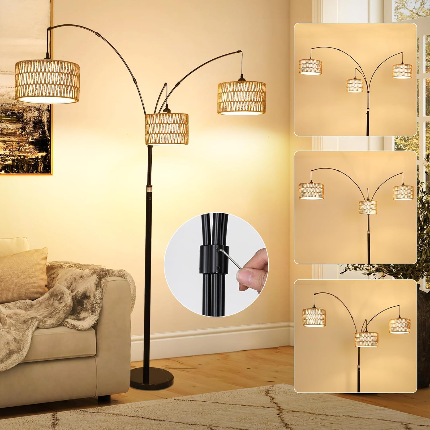 Black Arc Floor Lamps - Dimmable Tall Lamp with Rattan Shades 80" High -  BigGreenBear.com Lighting 179.89 USD Big Green Bear