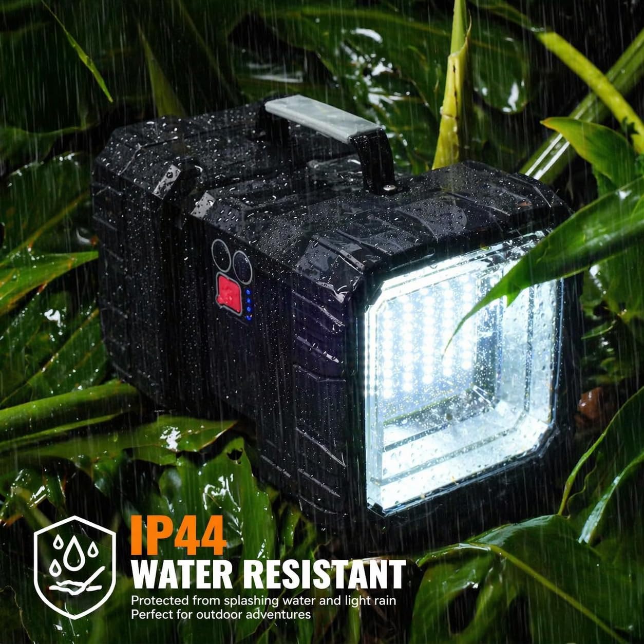 Water-resistant outdoor light fixture in a rainforest setting with 'IP44 Water Resistant' label.