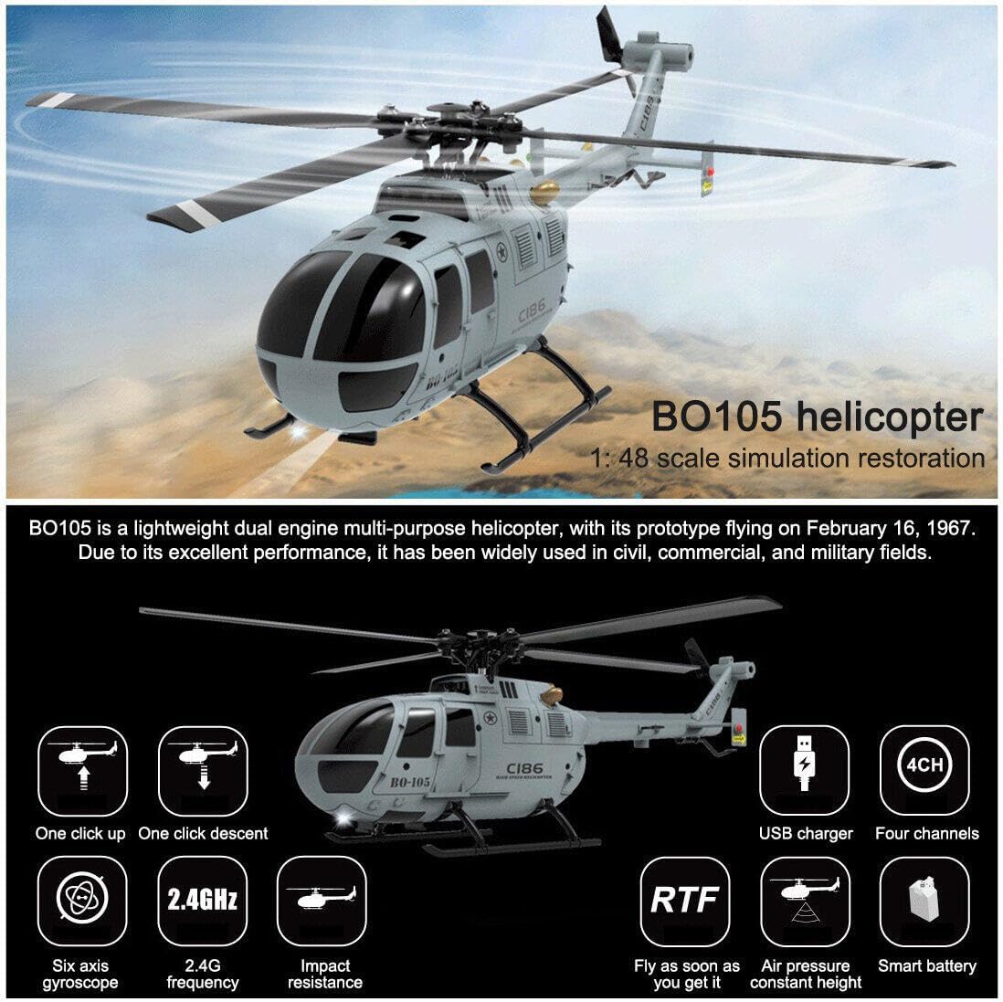 C186 BO105 RC Helicopter 2.4G RC 4CH Remote Control