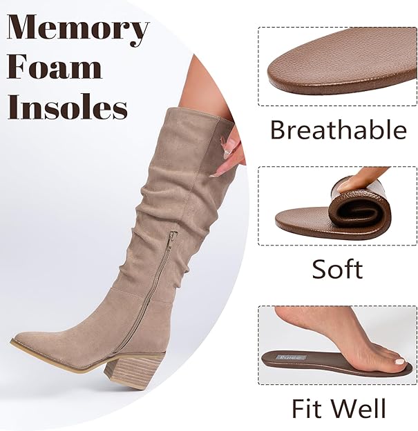 Women's Knee High Boots, Wide Calf Chunky Block Low Heel and Slouchy Pointed Toe -  BigGreenBear.com boots 89.55 USD Big Green Bear