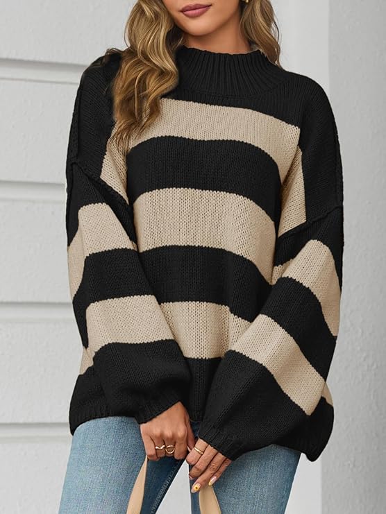 Women's Oversized Striped Sweater Mock Neck Chunky Knit Long Sleeve -  BigGreenBear.com clothing 39.99 USD Big Green Bear