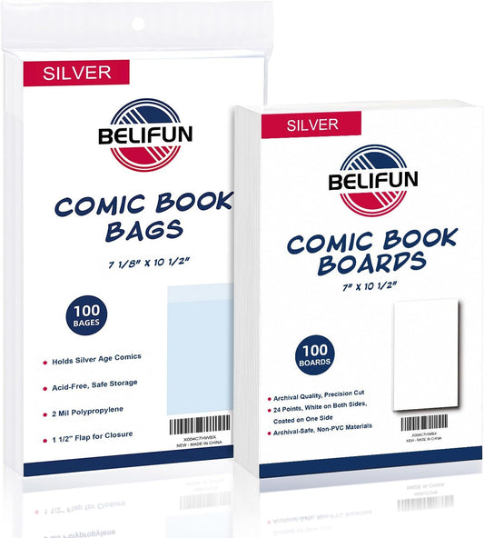 100ct Silver-Age Comic-Book-Bags and Boards - Reusable Comic Book Boards and Bags