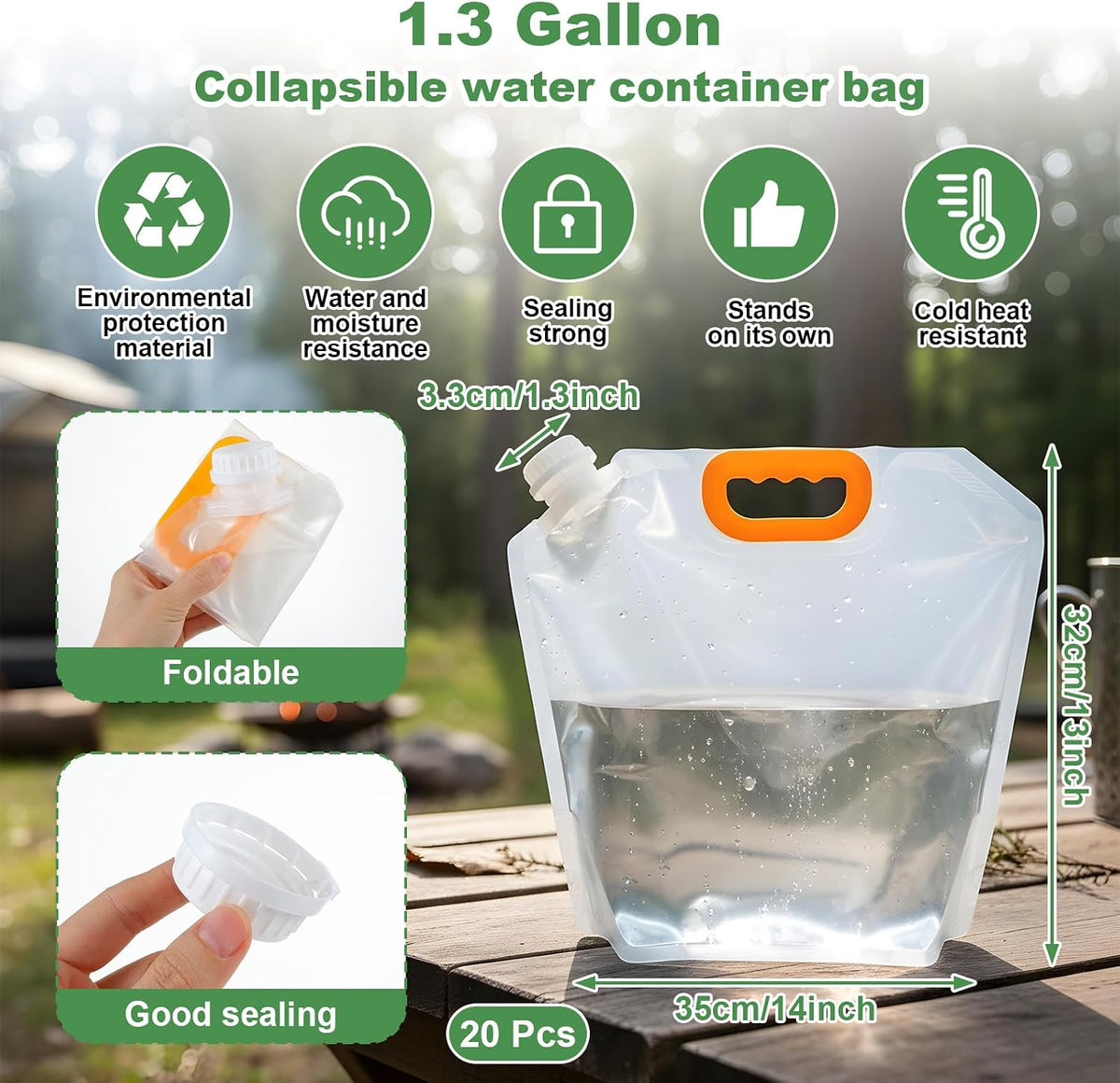 A 1.3 gallon collapsible water container bag shown outdoors on a wooden surface, filled with water.