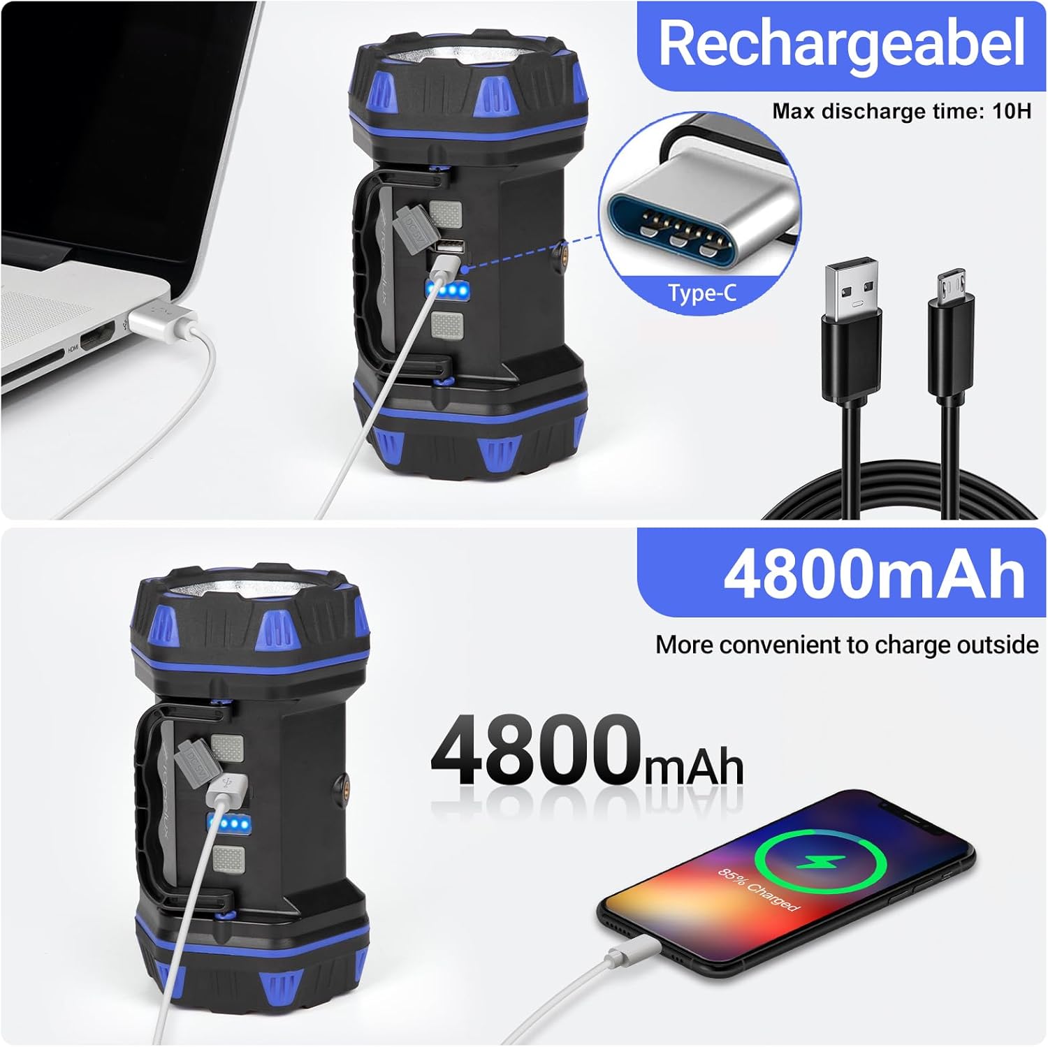 Rechargeable device with 4800mAh capacity, USB cables, and smartphone charging illustration.