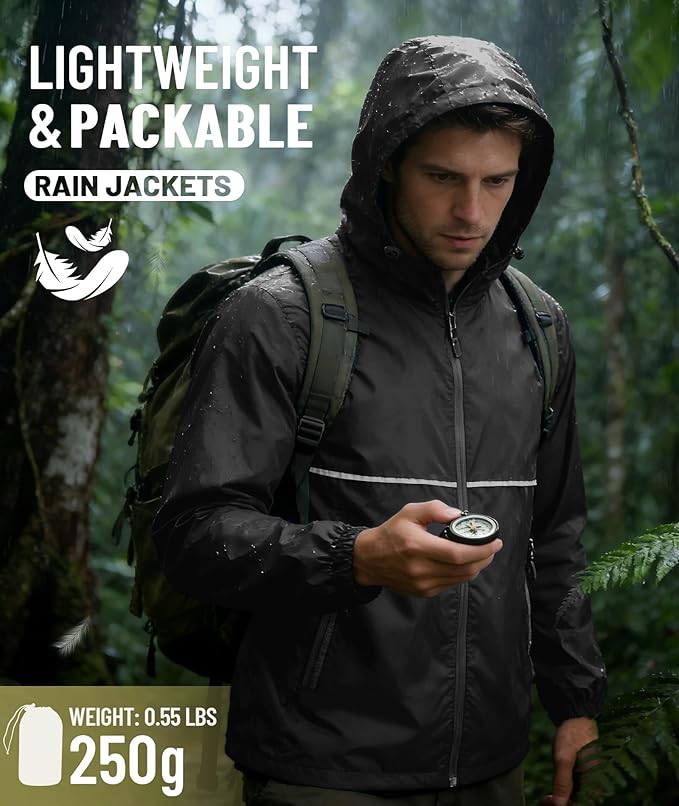 Man wearing a rain jacket in a forest with text about lightweight and packable rain jackets.