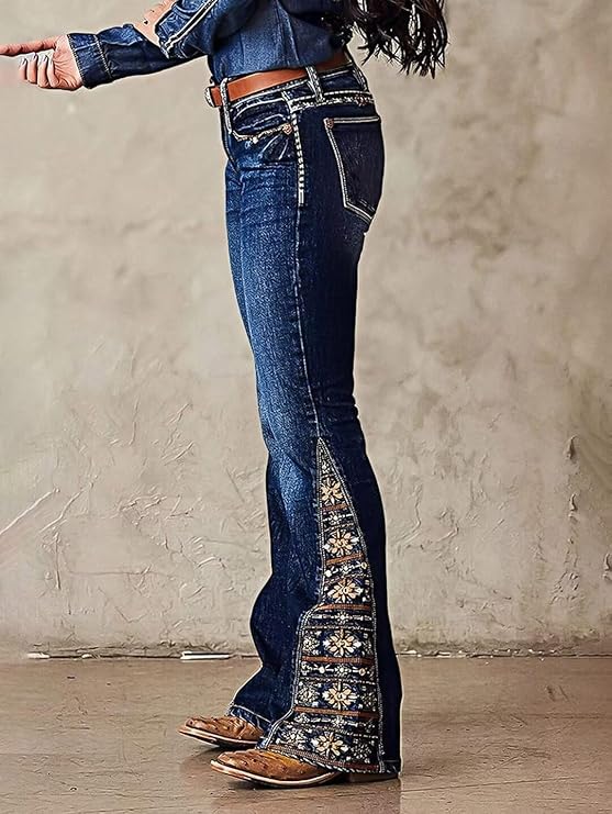 Women's Floral Embroidery Mid Waist High Stretch Bootcut Jeans with Pockets -  BigGreenBear.com clothing 59.99 USD Big Green Bear