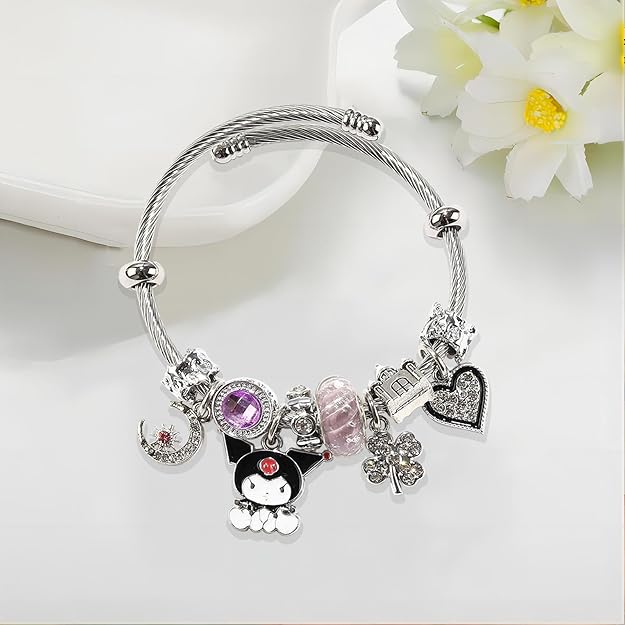 Hello Kitty Cute Charm Bracelet, Adjustable Stainless Steel Composite Bangle -  BigGreenBear.com jewelry 18.99 USD Big Green Bear