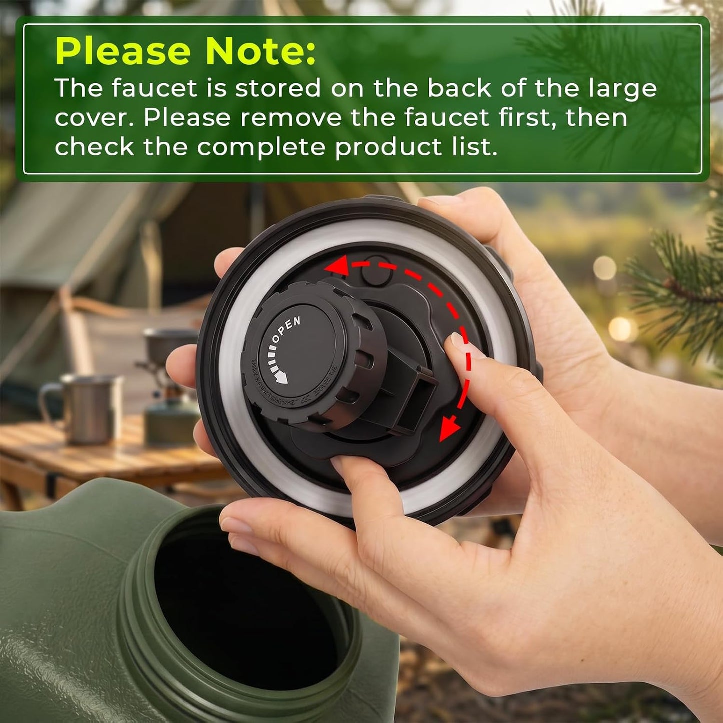 A person's hands are shown unscrewing the black faucet cap of an outdoor camping water filter bottle, with a green instructional text overlay at the top explaining the process.