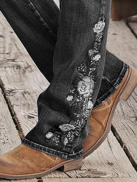 Women's Floral Embroidery Mid Waist High Stretch Bootcut Jeans with Pockets -  BigGreenBear.com clothing 63.99 USD Big Green Bear