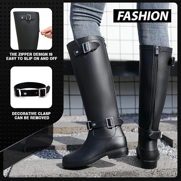 Rain Boots for Women, Waterproof Knee-high Rubber Boots -  BigGreenBear.com clothing 49.99 USD Big Green Bear