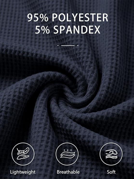 Dark navy textured fabric swatch with a waffle pattern, featuring text that reads '95% POLYESTER 5% SPANDEX' and three circular icons labeled 'Lightweight', 'Breathable', and 'Soft' at the bottom.