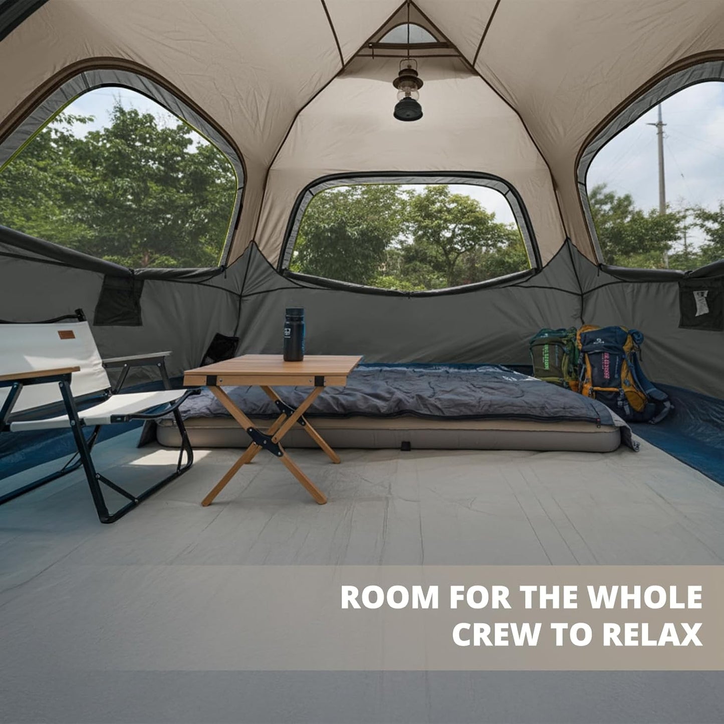 Camping tent interior with furniture and outdoor view