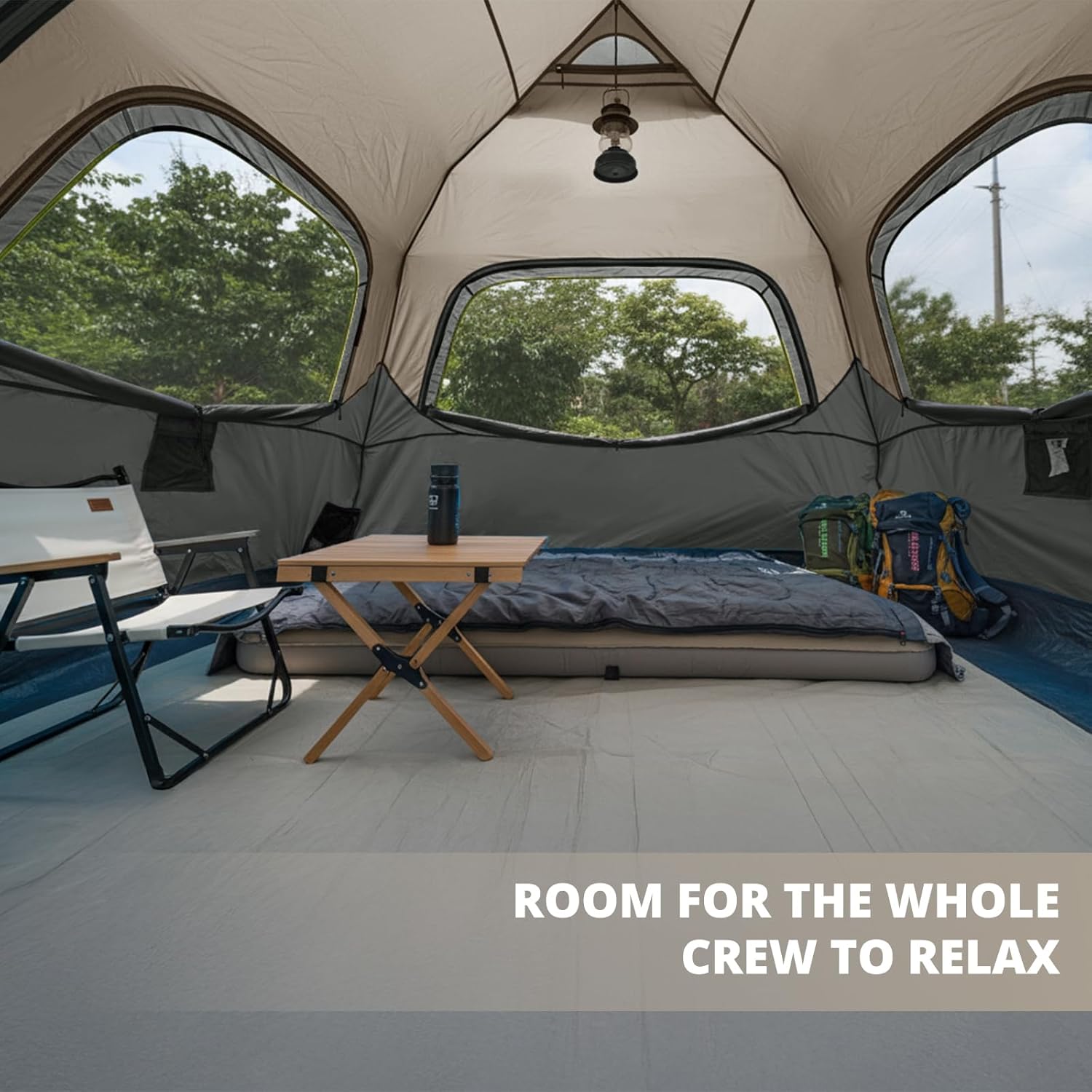 Camping tent interior with furniture and outdoor view