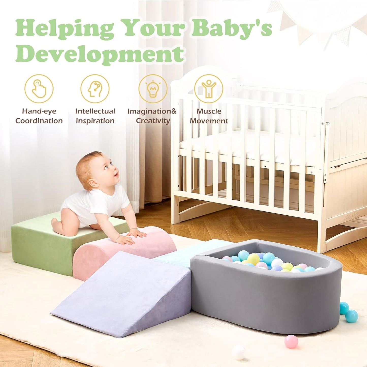 Toddlers , Foam Climbing Blocks with Ball Pit for Baby, 5-Piece