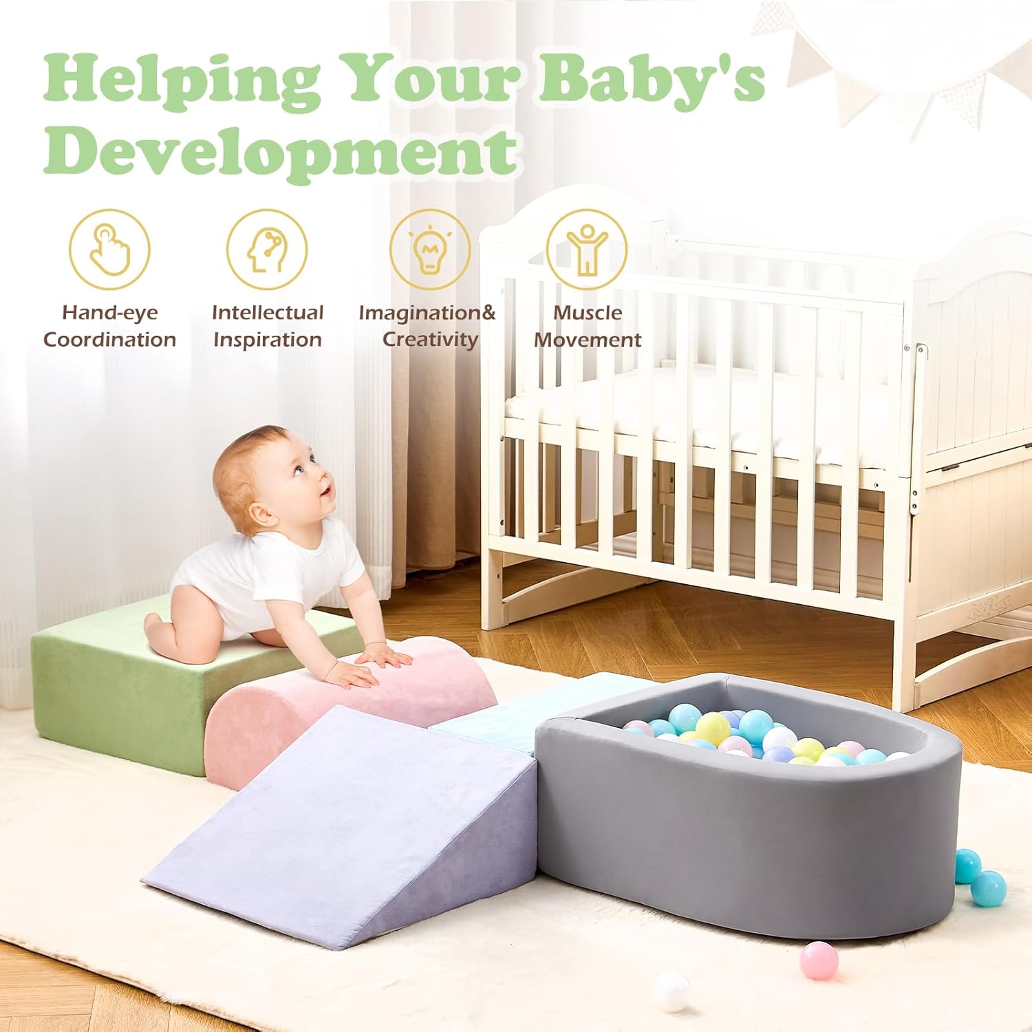 Toddlers , Foam Climbing Blocks with Ball Pit for Baby, 5-Piece