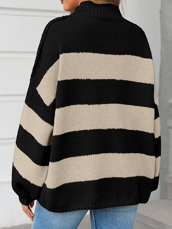 Women's Oversized Striped Sweater Mock Neck Chunky Knit Long Sleeve -  BigGreenBear.com clothing 39.99 USD Big Green Bear