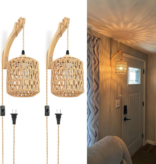 Wall Sconces Set of Two Hand Woven Lamp with Cord Rattan