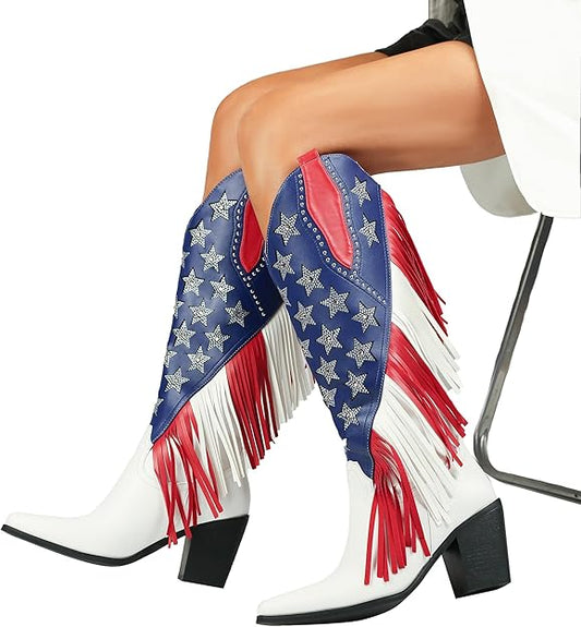 Women's Fringes American Flag Mid-Calf Western Boots -  BigGreenBear.com boots 99.00 USD Big Green Bear