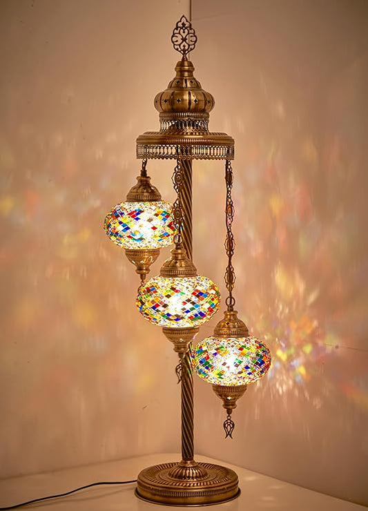 Hand Crafted 3 Big Globes Turkish Moroccan Mosaic Floor & Table Lamp