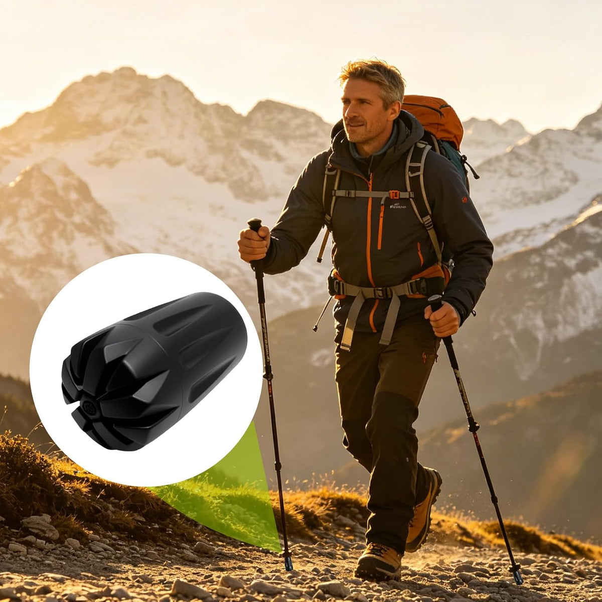 A man hiking in a mountain landscape with snowy peaks in the background, holding trekking poles. An inset circle on the left shows a close-up of a black rubber boot or gaiter tip.