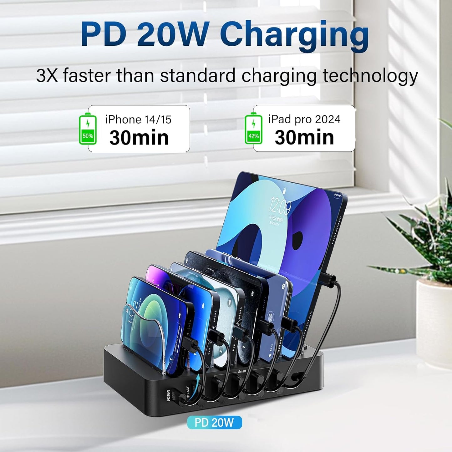 Charging Station for Multiple Devices: 68W 6 Port 20W Fast Phone Charger Dock with 6 Cables