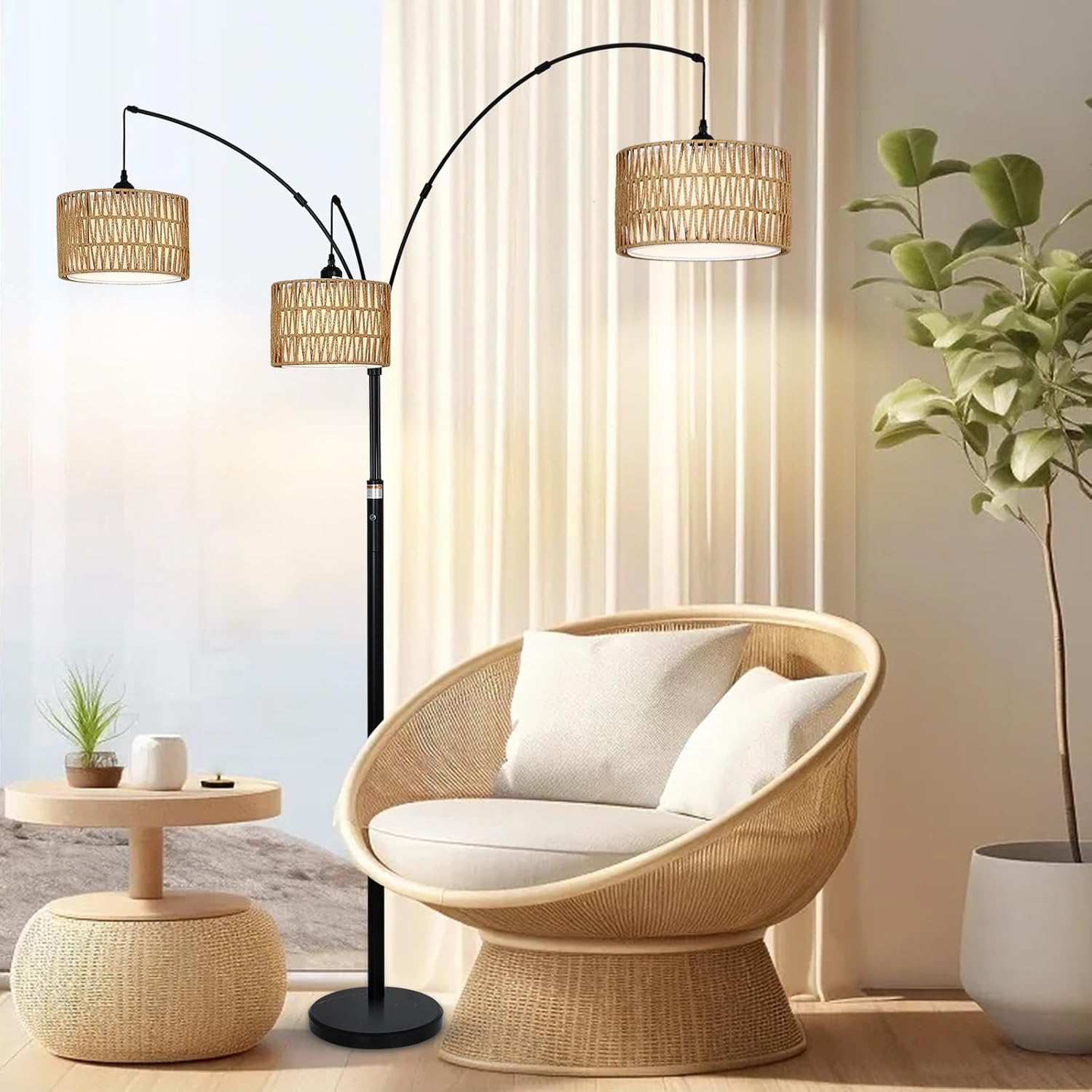 Black Arc Floor Lamps - Dimmable Tall Lamp with Rattan Shades 80" High -  BigGreenBear.com Lighting 179.89 USD Big Green Bear