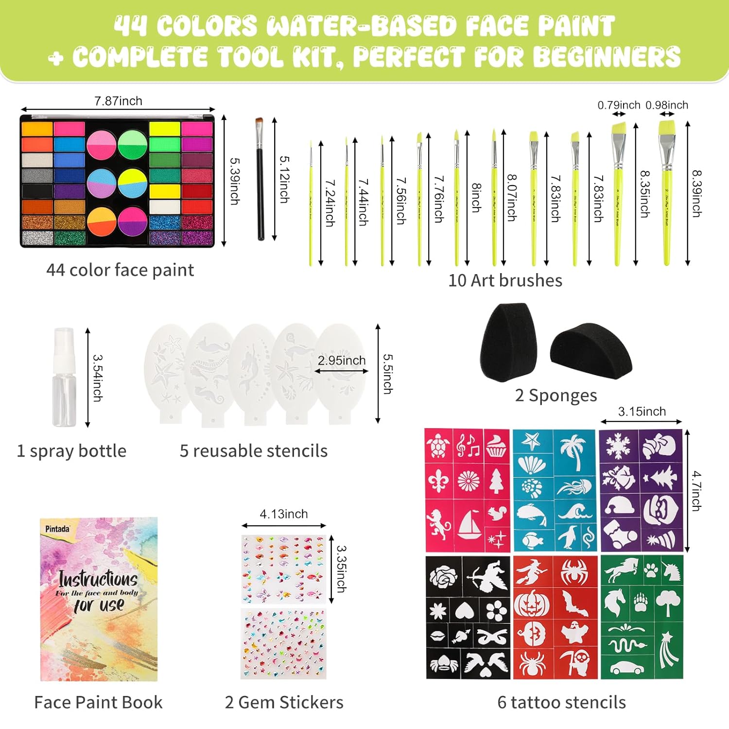 44 Color Face Painting Kit for Kids with Stencils, Brushes, Gems & Glitter