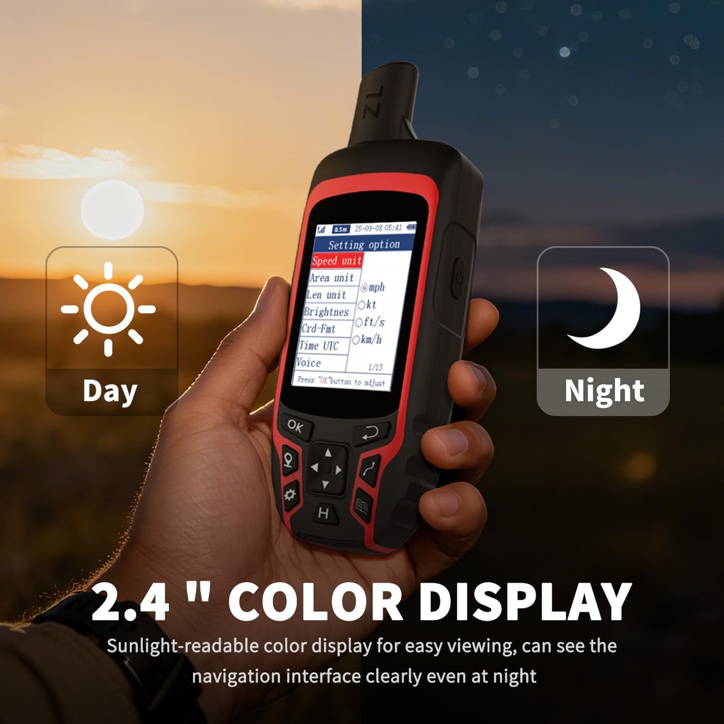 Hand holding a GPS device with day and night display indicators, sun and moon icons.