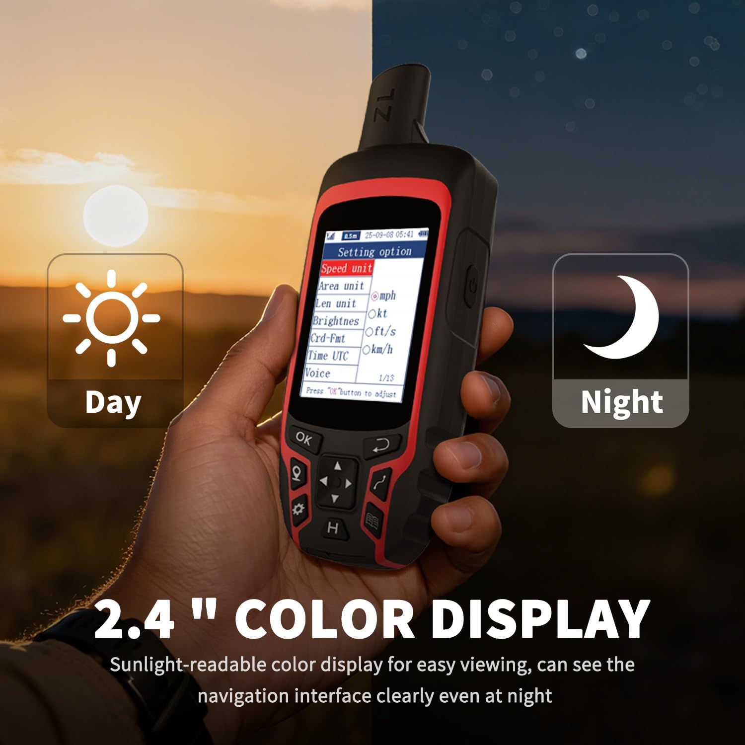Hand holding a GPS device with day and night display indicators, sun and moon icons.