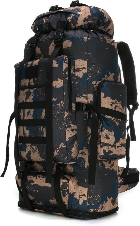 100L blue tactical hiking backpack with 900D Oxford fabric and Molle expansion system.