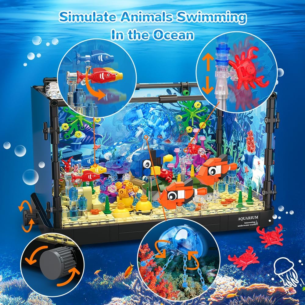Fish Tank Building Set with LED Light - Movable Aquarium Building Toys for Adults Kids | 725PCS -  BigGreenBear.com Building Toys 59.99 USD Big Green Bear